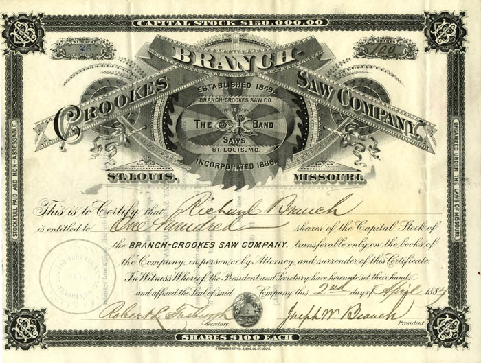 Branch-Crookes Saw Co. - Stock Certificate